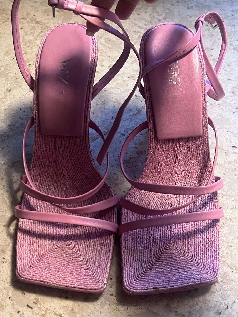 Zara Mauve Strappy Square-Toe Heeled Sandals